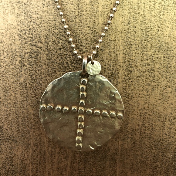 Gold ball chain necklace and 1-3/4” disk w/dotted cross & tiny charm by Chico’s - Picture 3 of 10